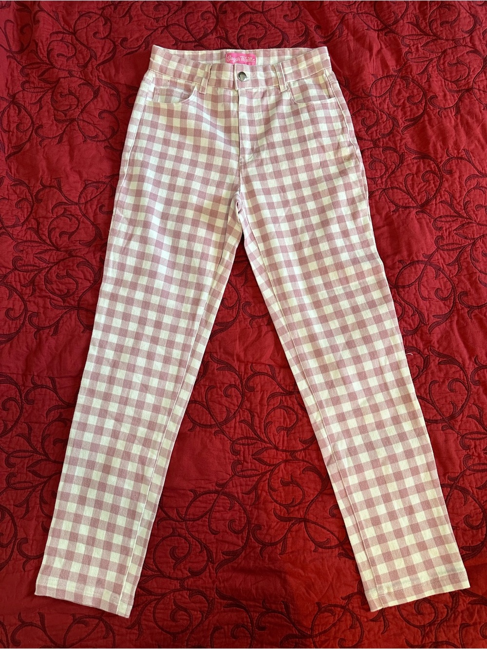 Sugar Thrillz Pink & White Gingham High-Rise Jeans
